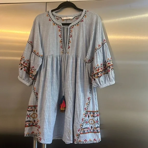 Zara Boho Mini Dress Blue and White Striped Embroidered size Small - Picture 3 of 12